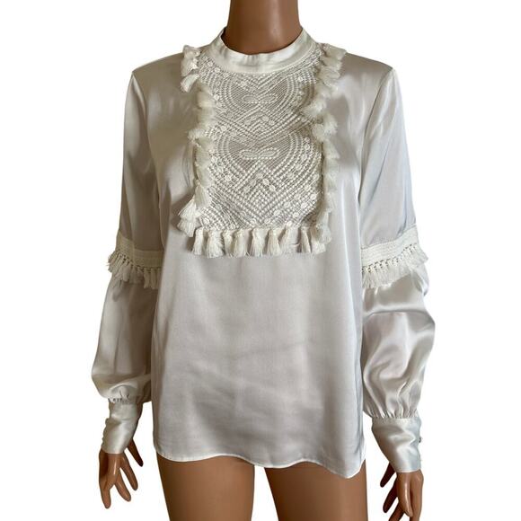 Ryegrass NEW white satin high neck balloon sleeves white SZ M grandma core - Picture 2 of 7